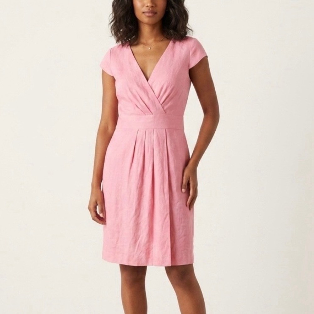 Talbots Pink Linen Faux‎ Wrap Midi Dress Size 12